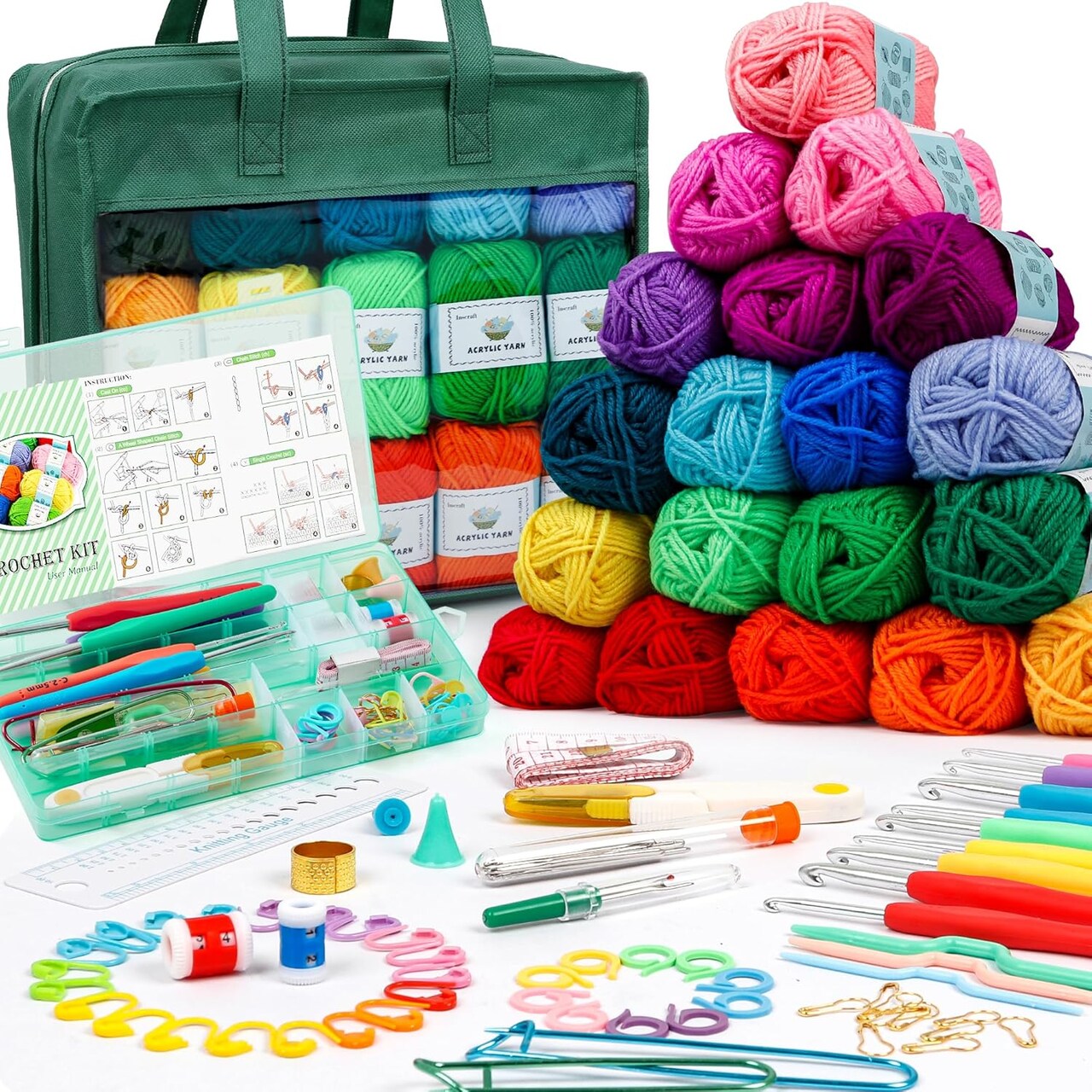 Crochet Yarn Kit for Beginners & Kids – 1650 Yards, 30-Color Acrylic Skeins with Hooks, Stitch Markers, User Manual & Accessories, Complete Starter Set for Amigurumi & DIY Projects